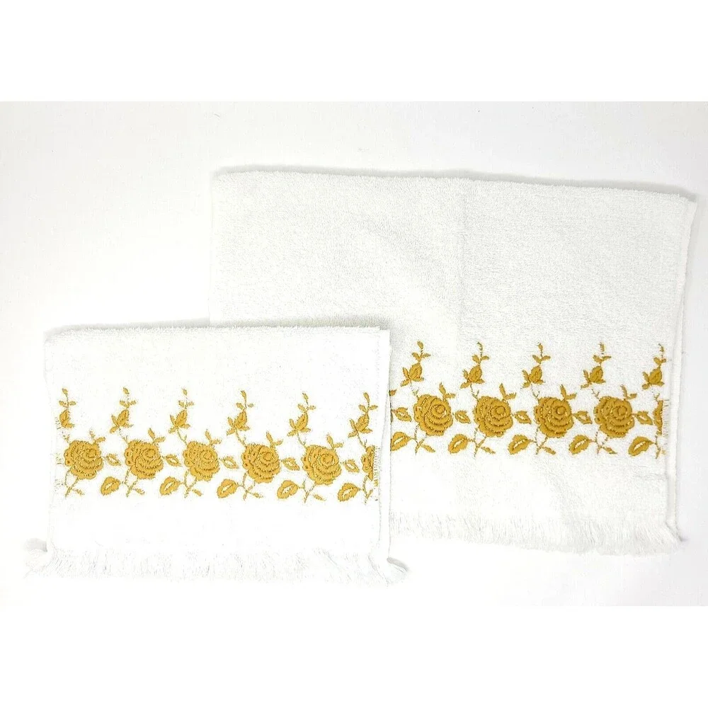 Vintage Dundee Towel Set White Gold Roses Embroidered Made In USA Hair Hand